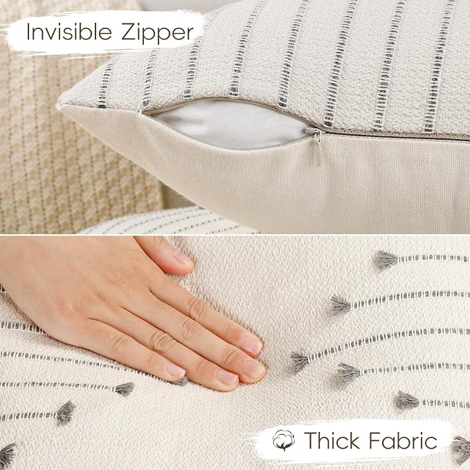 YCOLL Boho Outdoor Throw Pillow Covers 24x24 Set of 2 Neutral Woven Decorative Pillowcases Cotton Tufted Couch Pillows Modern Farmhouse Cushion Covers for Sofa Couch Bed Living Room Home Decor, Gray