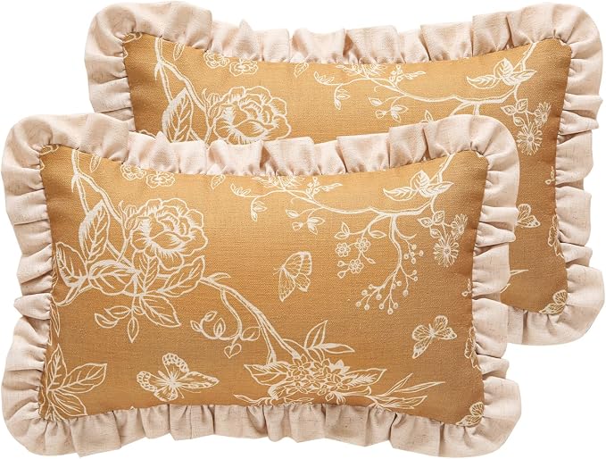 Designer Linen Throw Pillow Cover,Set of 2,20"x12"-Cornucopia D | Elegant French Rectangle Pillow Cover,Concealed Zipper Design,Floral Pattern,Sofas,Bedroom,Living Room,Lounge Chairs