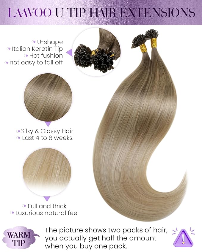 LaaVoo K Tip Hair Extensions Real Human Hair U Tip Hair Extensions Hot Fusion Ktip Human Hair Extension Light Brown to Ash Blonde Mix Platinum Blonde Balayage 100g 1g/s 18 inch