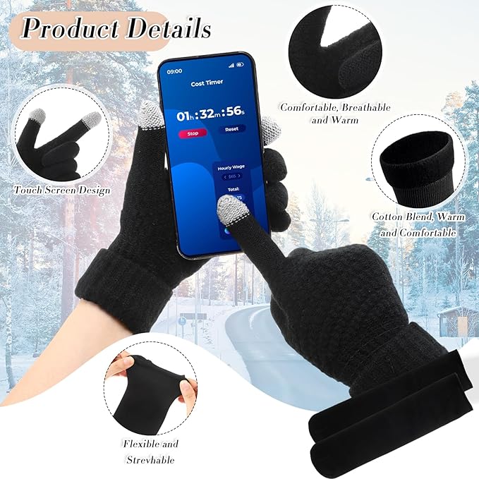 SATINIOR 5 Pcs Winter Hat Scarf Gloves Set Fleece Warm Lined Knit Beanie Hat Touch Screen Earmuff Gloves Warmer for Women(Black,Ponytail Style)