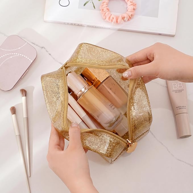 RSRSLEII Stardust Twinkle Jelly Travel Makeup & Toiletry Bag, Waterproof PVC Cosmetic Bag/Case for Women，Zipper SPF Beach Bag for Sunscreen Skincare and Daily Essentials (10Gold)