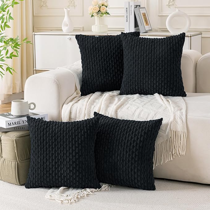 Set of 4 Black Decorative Throw Pillow Covers 20x20 Inch Corduroy Pillow Covers for Bed Couch Sofa Living Room Soft Square Cushion Cases