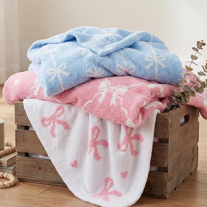 Soft Throw Blanket for Couch-Cozy Reversible Knitted Blankets | Lightweight Warm Fluffy Decor for Women, Mom, Her & Girls, Sofa, Chair, Bed, 50x60in,Bubble Bowknot Pink