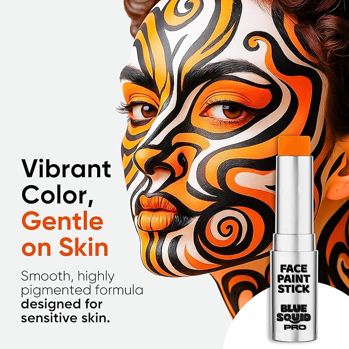Blue Squid PRO Orange Face Paint Stick - Waterproof Body Paint for Adults & Kids Eye Black Baseball, Softball - Vegan Hypoallergenic Twist-Up Non-Toxic Makeup Stick for Cosplay, Sports & SFX