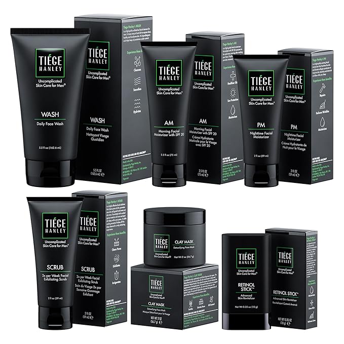 Tiege Hanley 90 Day Large Skin Care Set for Men, Anti Aging Routine, System Level 3, Daily Face Wash, Facial Scrub, Two Moisturizers, Eye Cream, & Serum for Healthy Skin, Men’s Skin Care, 6 Piece Kit