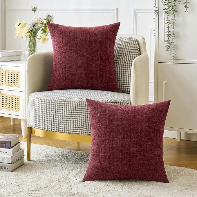 MIULEE Soft Chenille Throw Pillow Covers Burgundy 18x18 Inch Pack of 2 | Modern Home Decor, Classic Decorative Pillows, Solid Dyed Cases, Boho Couch Cushion Covers for Sofa Bed Living Room