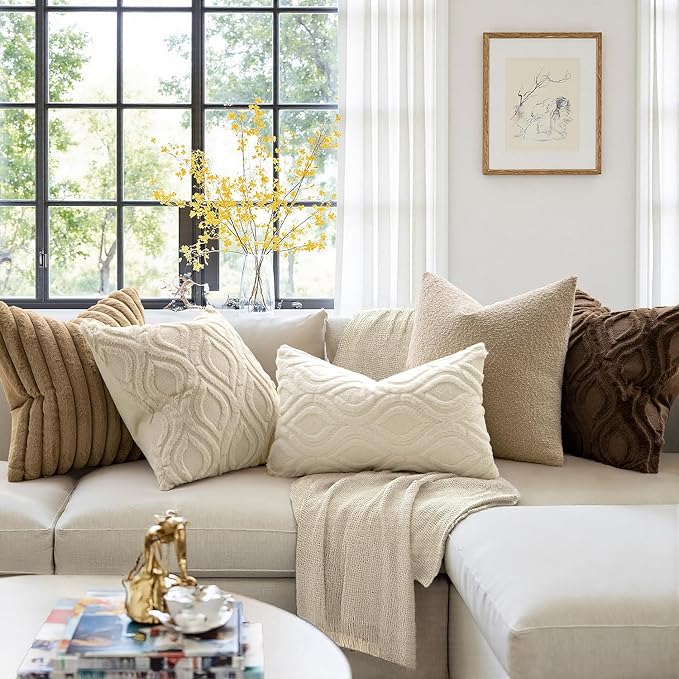 MIULEE Beige Throw Pillow Covers 18x18 Inch, Neutral Soft Plush Faux Wool Solid Couch Pillows Set of 2, Decorative Farmhouse Boho Cushion Covers for Sofa Living Room Bed Home Decor | Set of 2, Fall Farmhouse Boho Home Decor, Decorative Cushion Covers f...