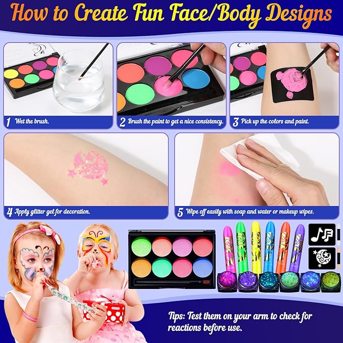 Neon Face Paint Glow in the Dark Face Painting Kit, U V Blacklight Face and Body Paint Makeup Glitter Gel Neon Paint Stick with Stencil for Halloween Party Cheer Raves Festival(Washable for Kid Adult)