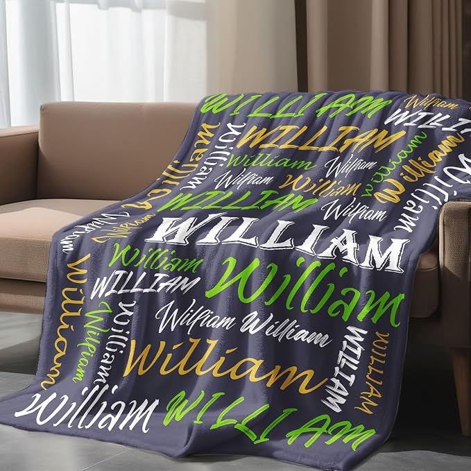 Personalized Grey Blue Theme Throw Blanket, Soft Flannel Fleece with Custom Name for Men, Women, Kids - Perfect for Birthday, Christmas, Valentines Day