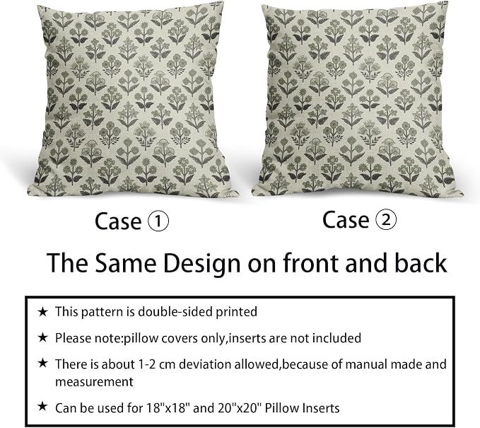 Black Sage Green Floral Block Print Pillow Covers 24x24 Inch Set of 2, Vintage Flower Pattern Spring Summer Decorative Throw Pillowcases Outdoor Farmhouse Cushion Covers Seasonal Sofa Couch Bed Decor