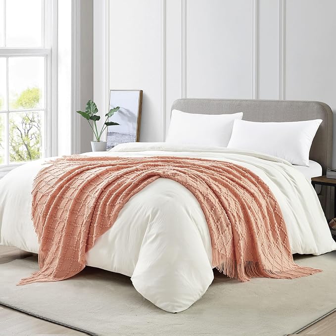 BOURINA Orange Throw Blanket 50 x70 Inch Jacquard Throw Knitted Blanket | Jacquard Argyle Throw Textured Solid Soft Throws and Blankets for Sofa or Bed Knitted Decorative Blanket