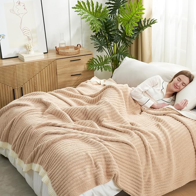 Snuggle Sac Luxury King Size Blanket for Bed, Cozy Soft Fuzzy Microfiber Knit Stripe Bedding Blankets, Beige, 108x90 inches
