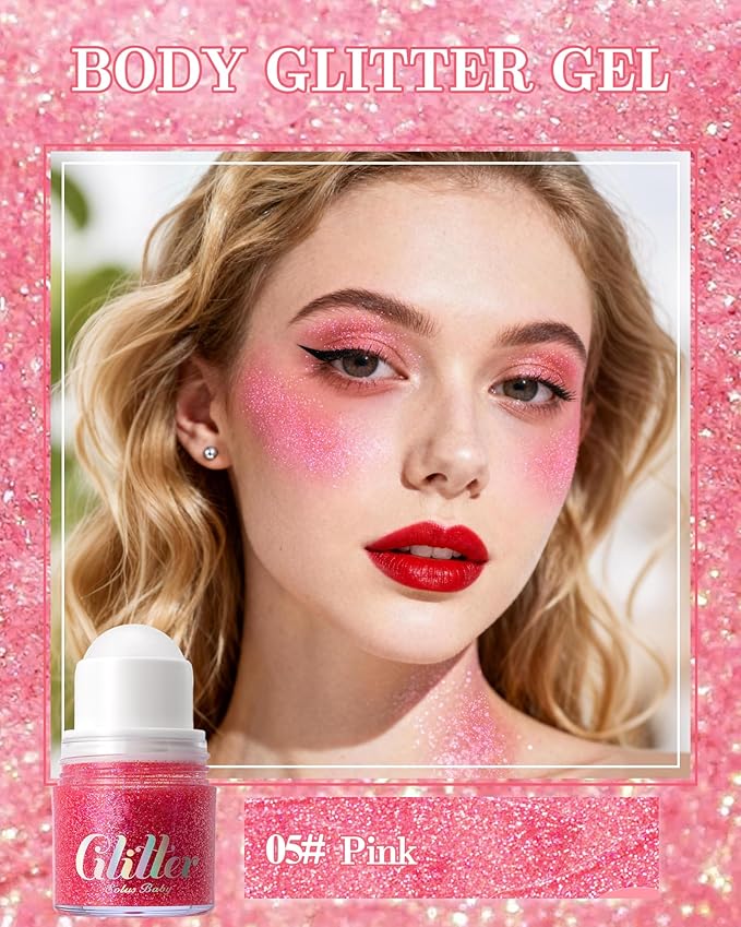 Roll-on face Body Glitter Gel, Holographic Pink Long Lasting Body Glitter Gel for Face Hair, Mermaid Makeup Chameleon Shimmer Sequins, Christmas Festival Party Rave Accessories for Women Gifts-05