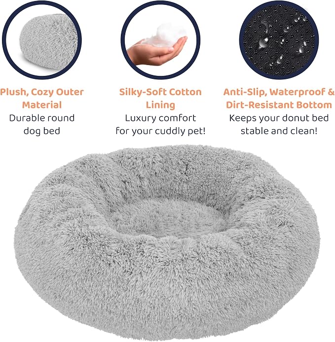 Donut Dog Bed - Premium Comfort for Anxiety Relief - Fluffy & Calming Design with Ultra-Plush Support | Cozy Round Dog Bed with Super Soft Circle Style (Grey, Small)