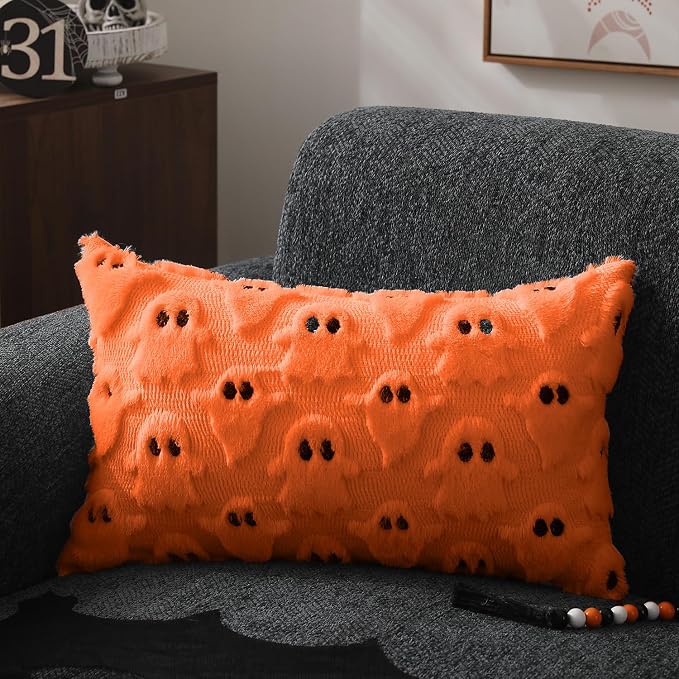 DFXSZ Halloween Pillow Covers 12x20 inch 2Pcs Orange Ghost Halloween Decor | Halloween Decorations Set of 2 Throw Pillow Cases Plush Faux Fur Wool Cushion for Chair Sofa Bedroom Living Room Home Decor
