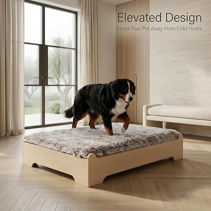 Elevated Wood Dog Bed Frame with Foam Mattress, WoodPattern, XL | Raised Dog Bed with Washable Cover, Furniture-Style Design for Indoor Living