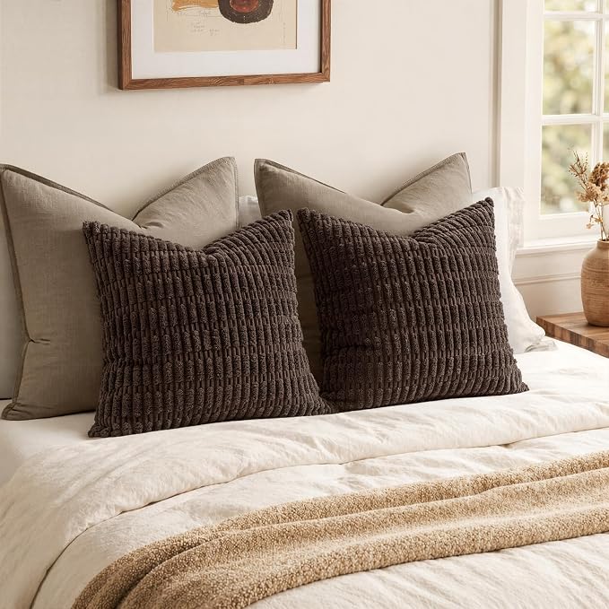 MIULEE Corduroy Decorative Throw Pillow Covers 20x20 Dark Brown Pack of 2 | Soft Boho Striped Pillow Covers Modern Farmhouse Fall Home Decor For Sofa Living Room Couch Bed