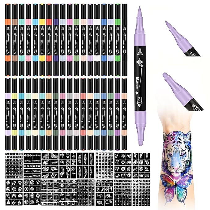 Temporary Tattoos Markers for Skin, 36 Body Markers+612 Large Tattoo Stencils, Temporary Tattoos for Kids and Adults, Dual-End Tattoo Pens, Bright colors, Flexible Brush Tip, Cosmetic-Grade, Skin-Safe