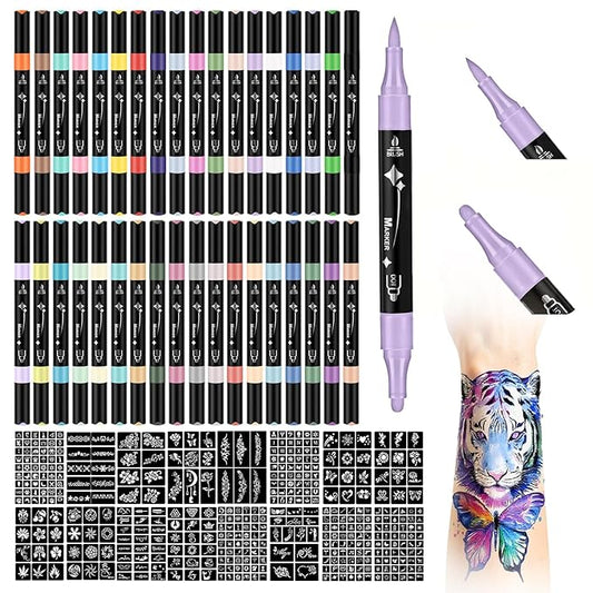 Temporary Tattoos Markers for Skin, 36 Body Markers+612 Large Tattoo Stencils, Temporary Tattoos for Kids and Adults, Dual-End Tattoo Pens, Bright colors, Flexible Brush Tip, Cosmetic-Grade, Skin-Safe