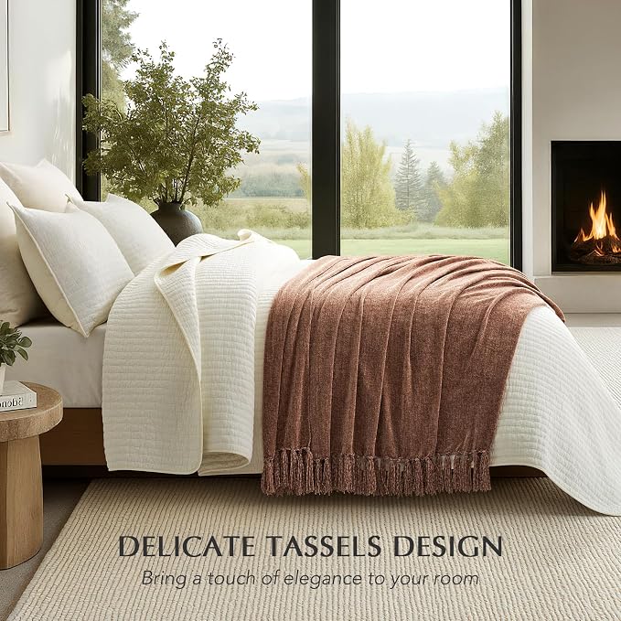 Chenille Knit Throw Blanket for Couch, 50"x60", Clay | Cozy Plush Fuzzy Knittd Throw with Tassels, Lightweight, Decorative, Farmhouse Decor, Ideal for Bed Sofa Gift, All Seasons