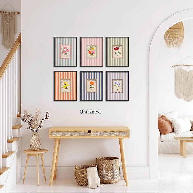 Vintage Floral Posters Wall Art Set of 6, Coquette Cute Stripe Botanical Stamp Canvas Wall Decor Painting, Colorful Flower Artwork Posters Prints for Bedroom Girls Room Dorm 12x16 Inch Unframed