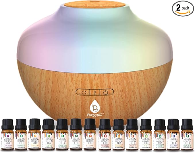 Pursonic Aromatherapy Diffuser & Essential Oil Set-Ultrasonic Diffuser & Top 14 Essential Oils-300ml Diffuser with 2 Mist Settings & 7 Ambient Light Settings-Therapeutic Grade Essential Oils