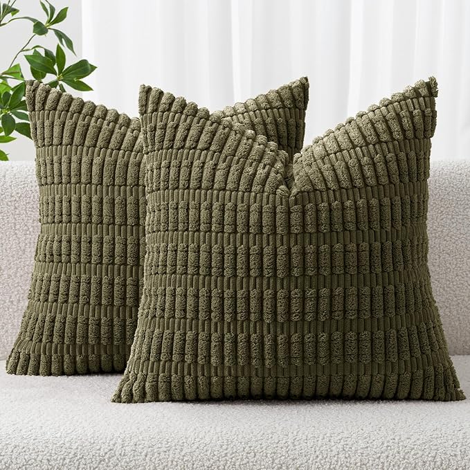 MIULEE Corduroy Decorative Throw Pillow Covers 18x18 Olive Green Pack of 2 | Soft Boho Striped Pillow Covers Modern Farmhouse Home Decor For Sofa Living Room Couch Bed