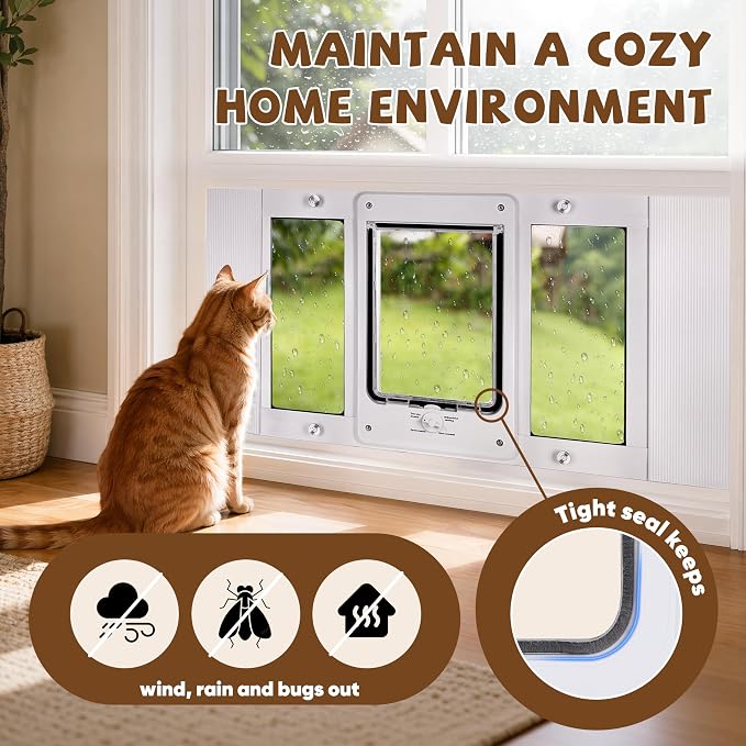 Full-Size Cat Door for Window, H: 15.3", Fit 28"-32" Window | Weatherproof Aluminum Frame & HD Glass, Quick 1-Minute Installation, Magnetic Closing Window Cat Door Insert