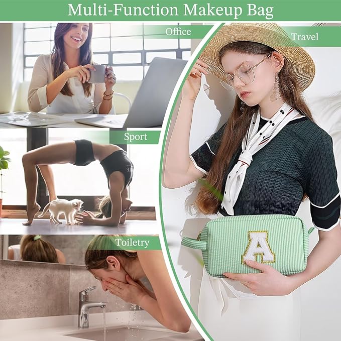 YOOLIFE Travel Makeup Cosmetic Bag - Personalized Monogram Cute Green Initial Makeup Bags Cosmetic Toiletry Bag Pouch Make Up Case for Women Her Mom Friend Sister Teacher, Birthday Gifts for Women V