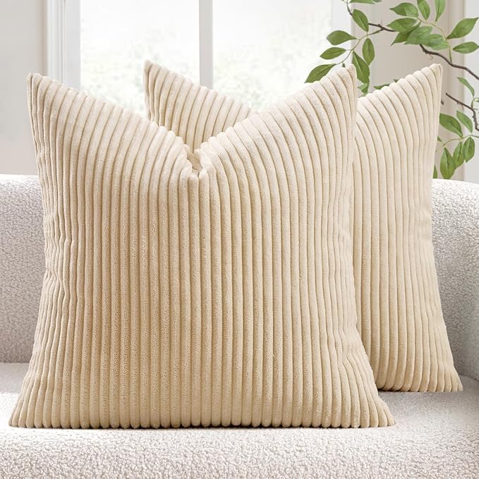 MIULEE Decorative Corduroy Throw Pillow Covers Set of 2 16x16 Beige | Soft Striped Textured Cushion Cases, Boho Square Pillowcases Neutral Home Decor, for Couch Chair Sofa Bed Living Room