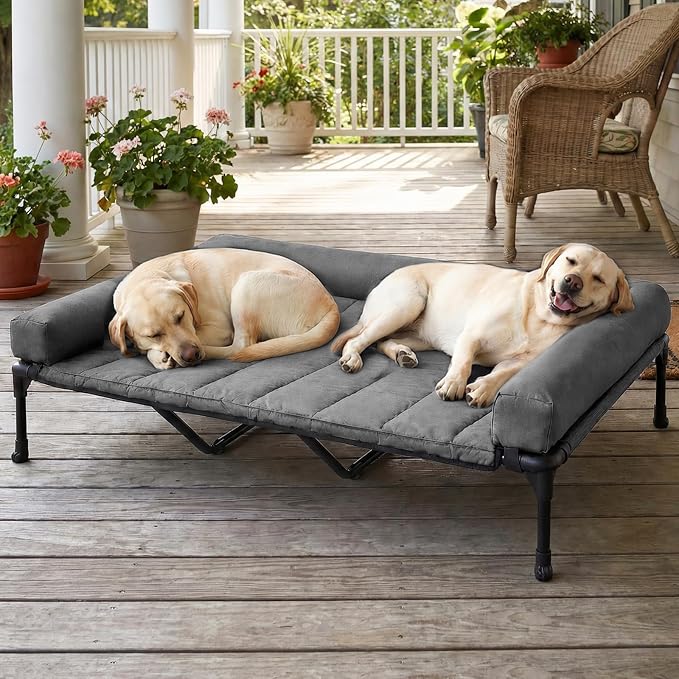 Veehoo Outdoor Elevated Dog Bed with Waterproof Bolster Cushion, Cooling | Raised Dog Bed with Removable & Washable Mat Topper, Breathable Mesh, Dog Couch Cot for Indoor Outdoor, 59", Large, Melange