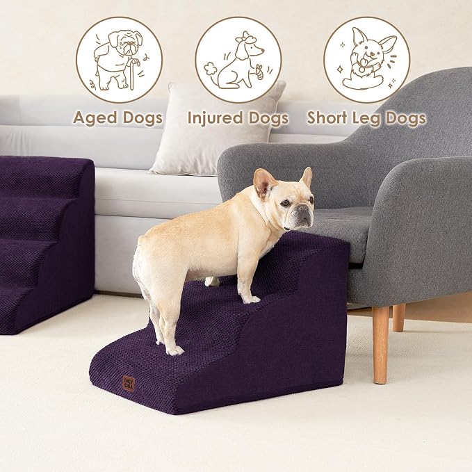 EHEYCIGA Curved Dog Stairs Ramp, 3-Step Dog Steps, 15.7" H Pet Step | 33D density of pure foam, for Small Dogs and Cats, Pet Stairs for High Bed Climbing, Non-Slip Balanced Indoor, Purple