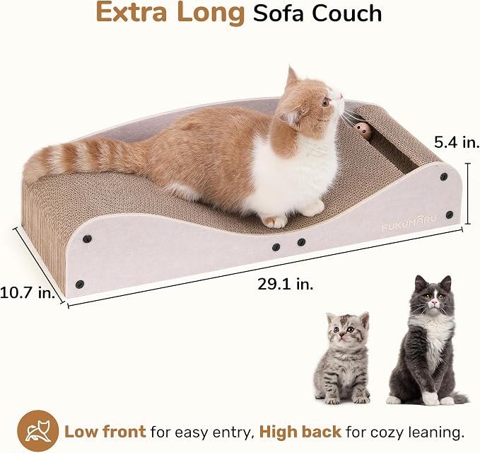 FUKUMARU Cardboard Cat Scratcher Bed, Extra Large 29.1 Inch Cat Scratch Pad | Cat Scratching Bed Couch Indoor, Natural Felt Multifunctional, Horizontal Kitten Scratch Bed Lounger With Ball Toy, Camel