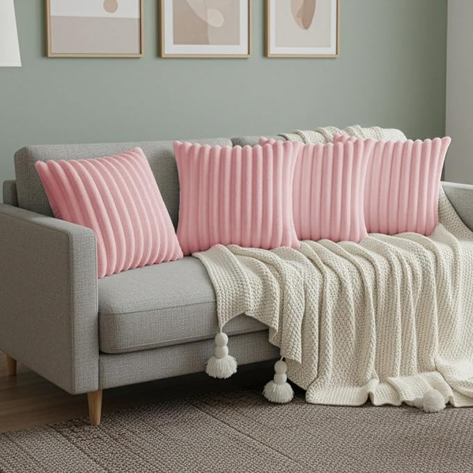 Pink Throw Pillow Covers 18 x 18 Set of 4, Cute Boho Throw Pillow Cover for Couch/Bed, Decorative Pillows Covers for Sofa/Bed, Accent Pillow Covers for Living Room, Rustic/Home/Room Decor