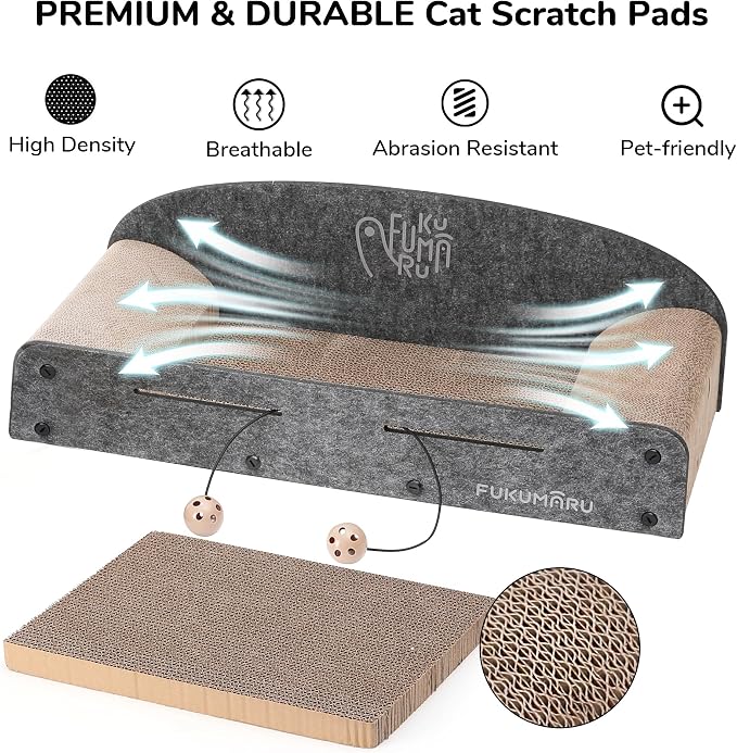 FUKUMARU Large Cat Scratcher Bed, 26 Inch Cat Scratching Bed Sofa Indoor | Cardboard Cat Scratcher with 2 Reversible Scratch Pad Refills, Durable Large Cat Scratching Lounger with Ball Toy, Grey