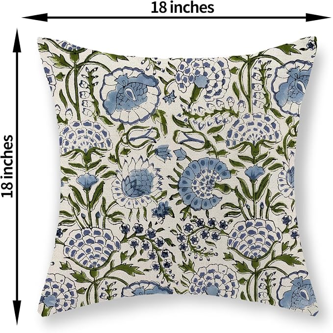 Boho Navy Blue Pillow Covers 18x18 Inch Set of 2 Blue Sage Green Floral Throw Pillows Vintage Flower Outdoor Decorative Pillow Cases Farmhouse Linen Cushion Cover Decor for Couch Sofa Decor