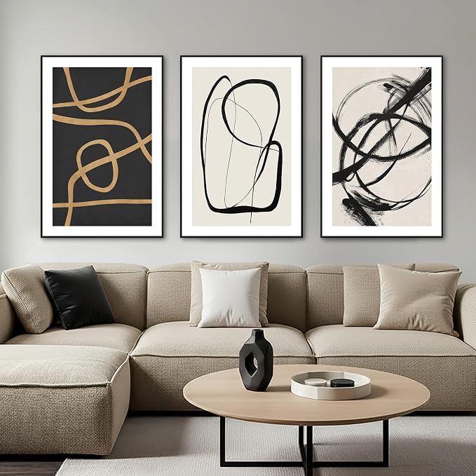 SAFERRYHOME Abstract Graffiti Black and White Wall Art,3 Panels 24x36 Inch | Black and Gold Framed Canvas Print Set, Mid-Century Modern Geometric Sketches Lines for Living Room, Bedroom, Office, Hallway