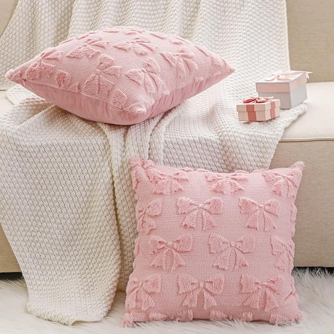 Mixweer Dark Pink Bow Pillow Covers Set of 2 Preppy Room Decor Coquette Cute Spring Summer Decorative Faux Fur Soft Bowknot Stuff Fluffy Plush Aesthetic Pillowcase for Bed Sofa Couch (18 x 18 Inch)
