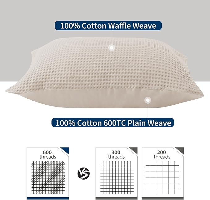 Zaizaihome 100% Egyptian Cotton Waffle Weave Pillowcases Queen Size 2 Pack | Ultra Soft Pillow Shams with Envelope Closure, Breathable Skin-Friendly Decorative Bed Pillow Case, Beige, 20"x30"