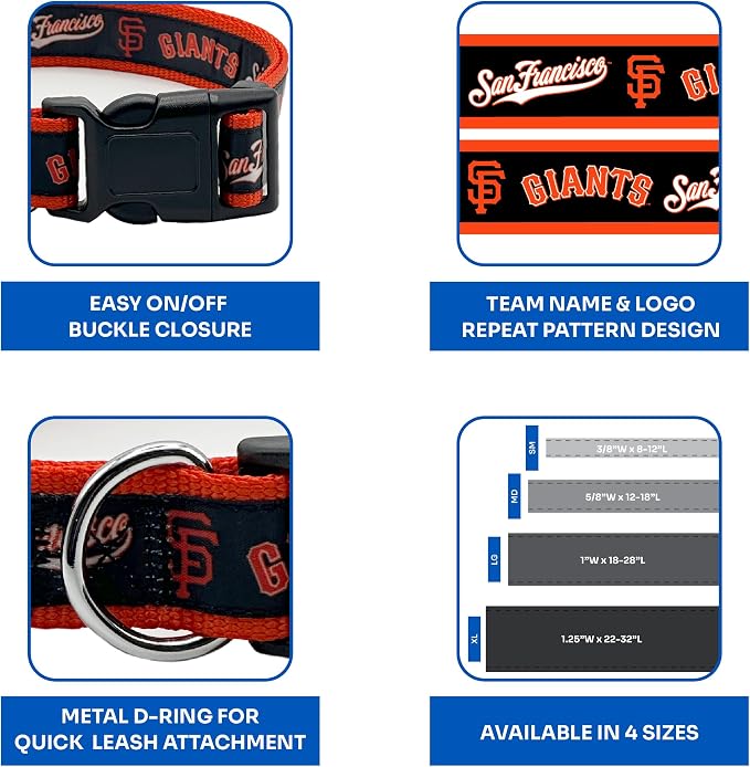 MLB San Francisco Giants Licensed PET COLLAR- Heavy-Duty, Strong, and Durable Dog Collar. Available in 29 Baseball Teams and 4 Sizes