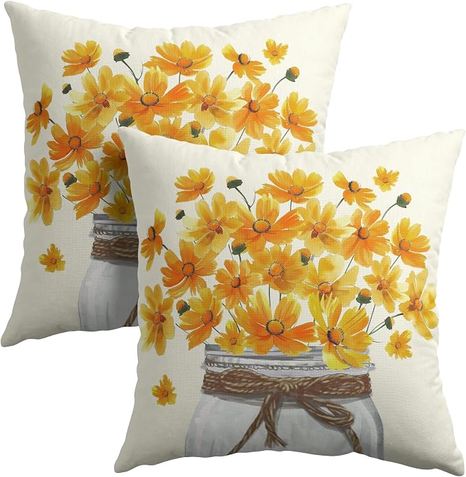 Kawani Yellow Flower Throw Pillow Covers 18x18 Inch Set of 2 Botanical Coreopsis Floral Plants Mason Jar Farmhouse Pillowcase Cotton Linen Square Cushion Case for Sofa Couch Bed Outdoor