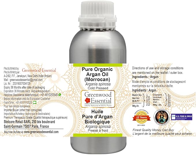 Greenwood Essential Pure Organic Argan (Moroccan) Oil (Argania spinosa) Cold Pressed 300ml (10 oz)