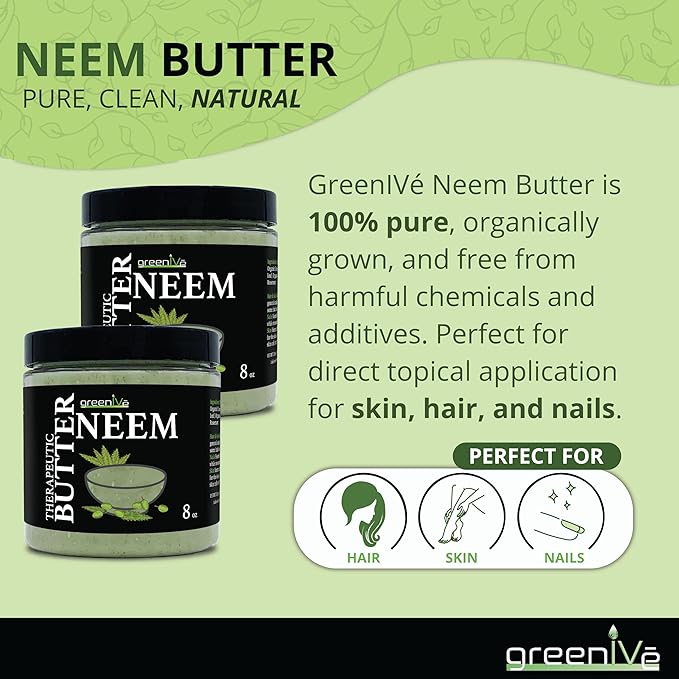 GreenIVe Neem Butter 100% Pure All Natural Body Butter Handcrafted Neem Seed Oil Coconut Oil Kokum Butter Marula Oil Rosemary Leaf Soothing Moisturizing Body Face Lip Hair Scalp Nail Care (8oz)