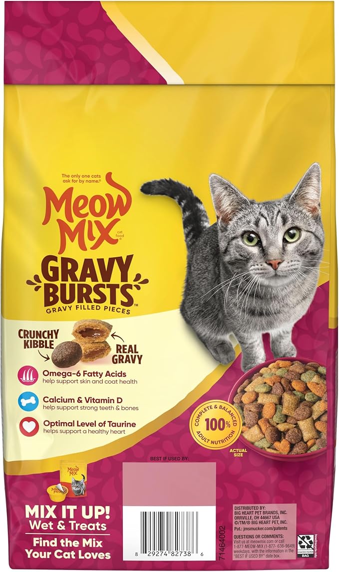 Meow Mix Gravy Bursts Dry Cat Food, 3 lb Bag | Crunchy cat kibble, gravy filled pieces, 100% complete & balanced nutrition