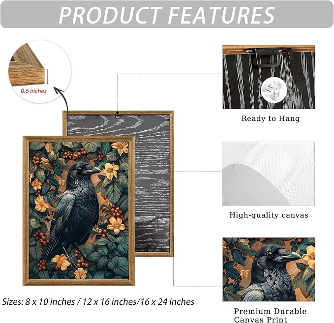 ICHZUMW Framed William Morris Raven Dark Academia Canvas Wall Art 16x24 In | Gothic Dark Cottagecore Crow Painting, Moody Floral Wall Decor for Bedroom Living Room Bathroom Office, Ready to Hang