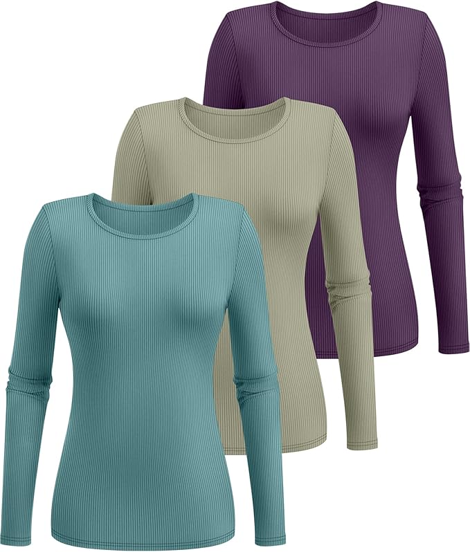 Ficerd 3 Pack Women's Ribbed Long Sleeve Tops, Crew Neck Slim Fit Undershirts Knit Basic Casual Stretch Layering Tee Shirts