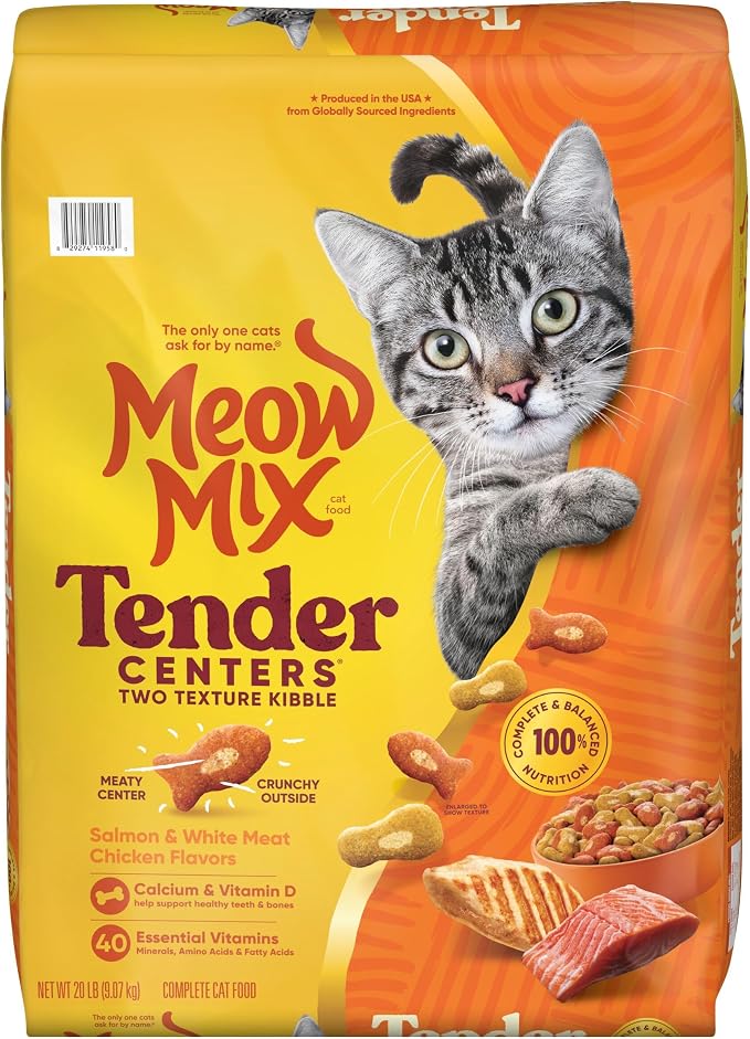 Meow Mix Tender Centers, Salmon & White Meat Chicken Flavors, Dry Cat Food, 20 lb. Bag | Dry cat food with two texture kibble, meaty center surrounded by a crunchy outer layer, complete and balanced nutrition
