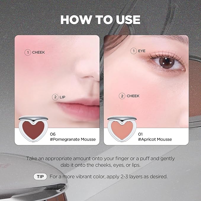 lilybyred Luv Beam Cheek Mousse | Heart-Shaped Korean Cream Blush, Airy Soft-Matte Texture, Soft-Focus & Pore-Blurring Finish, Seamless Buildable, Natural Flush, 0.13 oz. (07 Strawberry Yogurt Mousse)
