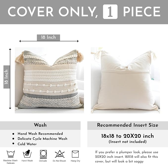 Gray Boho Throw Pillow Cover 18x18 Grey Decorative Accent Pillow for Couch Square Woven Textured Pillowcase Modern Farmhouse Pillow for Bed Bohemian Pillow Cover (Pack of 1)