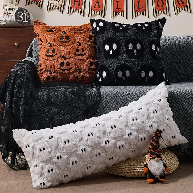 DFXSZ Halloween Pillow Covers 14x36 inch 2Pcs White Ghost Halloween Decor | Halloween Decorations Set of 2 Throw Pillow Cases Plush Faux Fur Wool Cushion for Chair Sofa Bedroom Living Room Home Decor